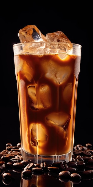 kalter Kaffee in einem Glas mit Eis auf einem dunklen Hintergrund Generative KI