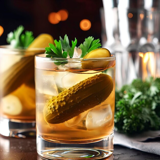 Kalter Pickleback-Cocktail mit Gurken und Petersilie in Gläsern auf dem Tisch