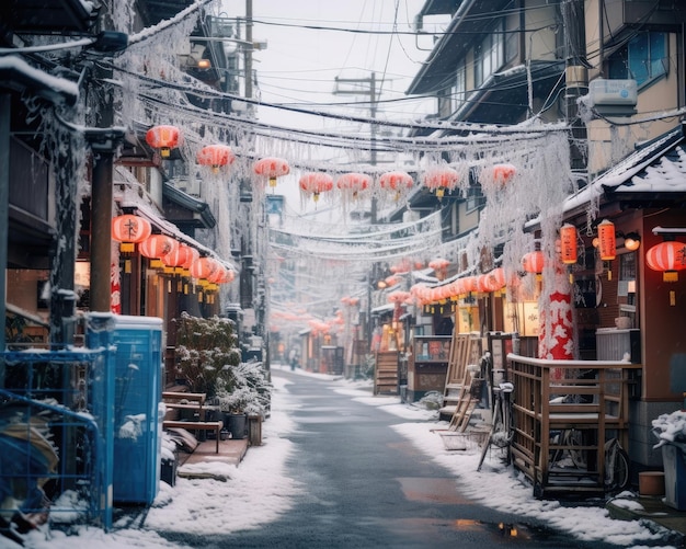 Kalter Wintertag in schneebedeckten Straßen Tokios