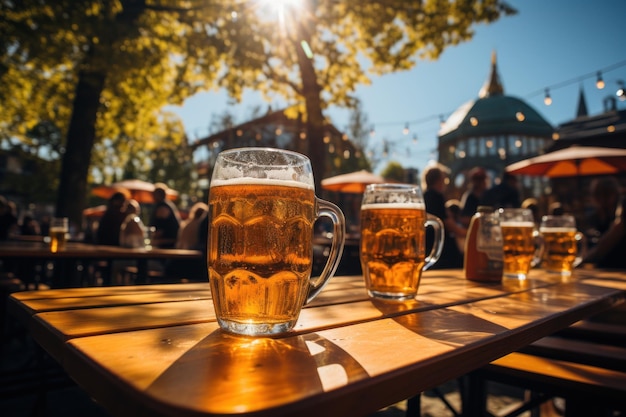 Kaltes Bierglas auf einem Holztisch Generative KI