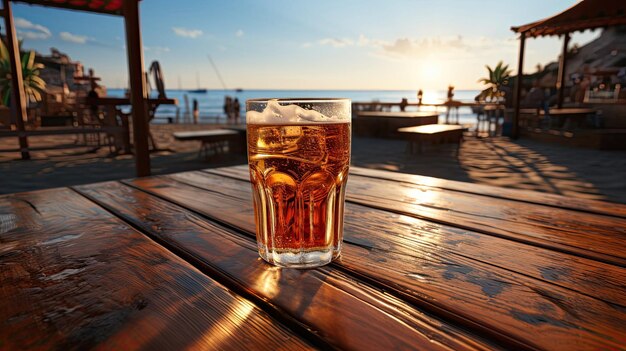 Kaltes, erfrischendes, schäumiges, leichtes Lagerbier in einem Glas auf dem Tisch in einer Strandbar