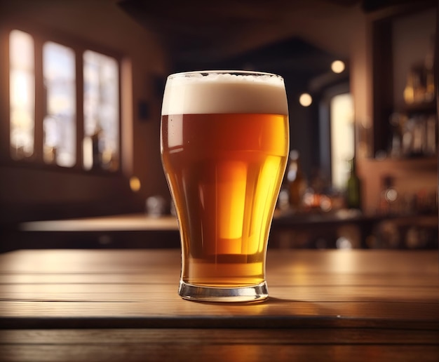 Kaltes Glas Bier auf einem Holztisch in einer Bar