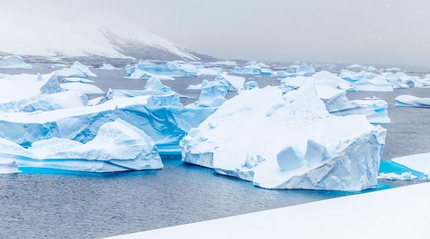 Kaltes stilles Wasser der antarktischen Meereslagune mit treibenden riesigen blauen Eisbergen Port Charcot Booth Island Antarktische Halbinsel