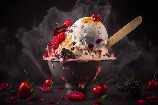 Kaltes und würziges Eis mit Chili- und Beerenfotografie