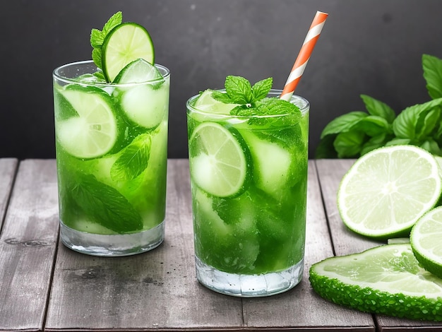 Kaltgetränk mit Basilikumgurke und Limette Mojito-Limonade mit Basilikum