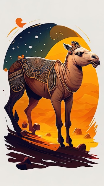 Kamel auf dem Hintergrund der Mond- und Sternenvektorillustration
