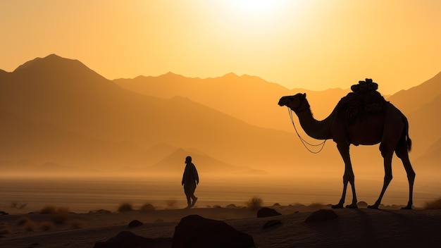 Kamel in der Wüstensandsturm-Sonnenuntergangslandschaft generative KI