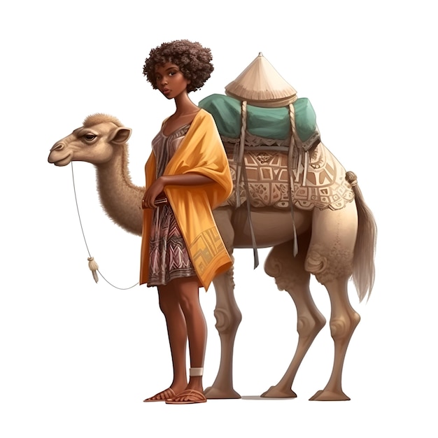 Kamel mit einer Frau auf weißem Hintergrund 3D-Rendering