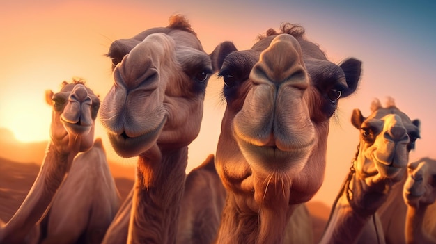 Kamele in einer Wüste mit Sonnenuntergang im Hintergrund