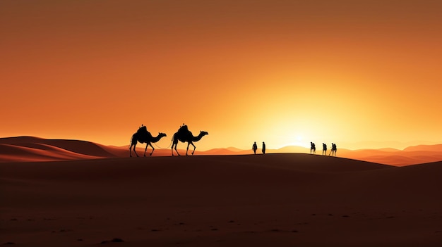 Kamele wandern durch die Wüste, während die Sonne hinter ihnen untergeht.