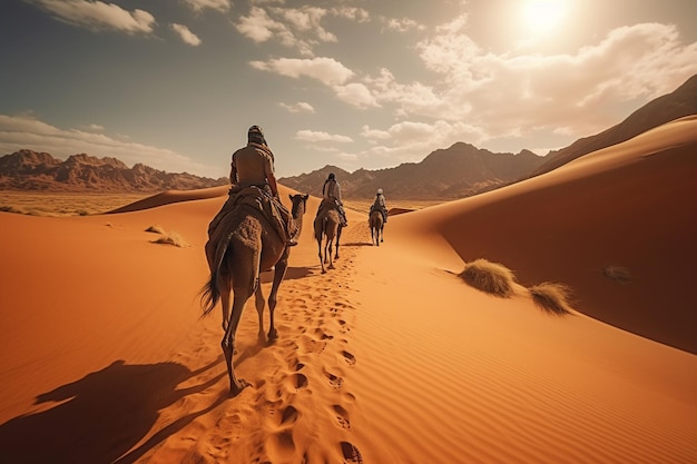 Kamelreiter wandern auf einer wunderschönen goldenen Kamelkarawane in der Wüste mit klarem Himmel