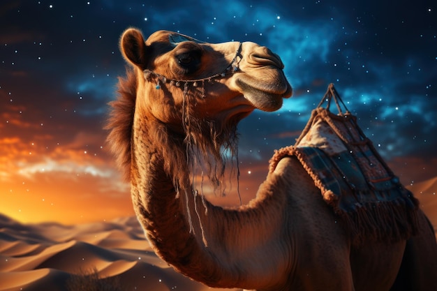 Foto kameltier in einer düne in einer wüste in der nacht mit mondlicht milchstraße galaxie illustration generative ai