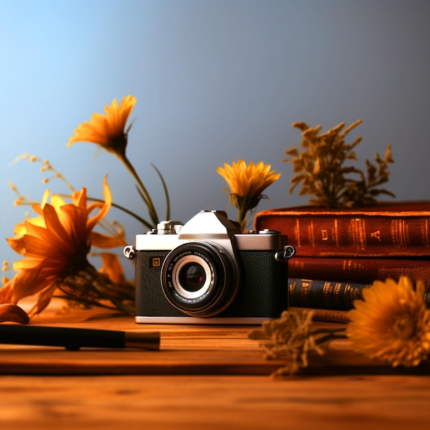 Kamera mit Blumenkomposition auf Holztisch