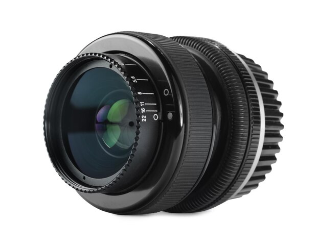 Kamera-Objektiv auf weißem Hintergrund Photographer39s Ausrüstung