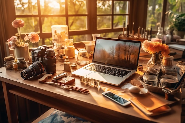 Kameralanze mit Laptop auf Tisch und hellem Sonnenlichtstrahlenhintergrund