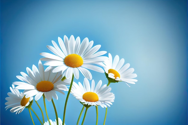 Foto kamille-gänseblümchen-blumen auf hintergrund des blauen himmels