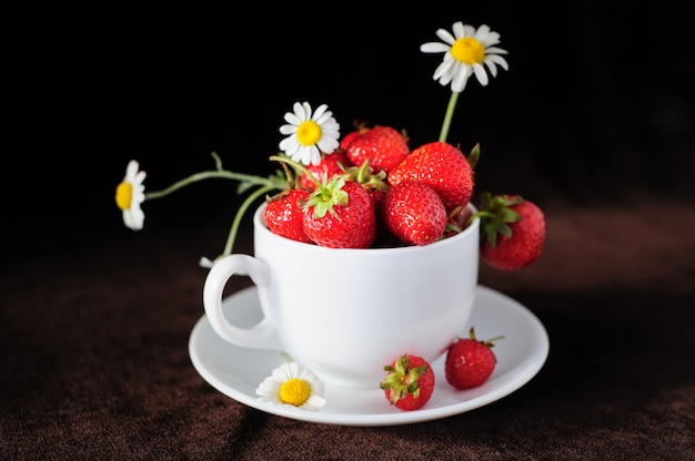 Kamille und Erdbeeren in der Tasse