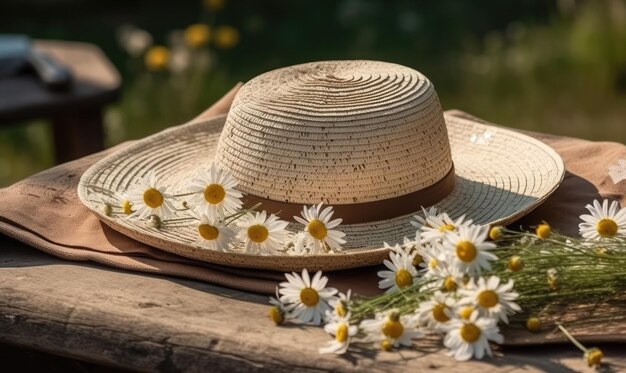 Foto kamillenblüten in einer weißen tasse mit geflochtenem hut auf dem tisch im garten, sonniger natürlicher hintergrund, generative ki