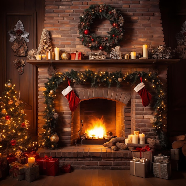 Kamin mit weihnachtsbaumdekorationen, Kerzen und Geschenken, gemütliches Weihnachtshaus AI Generative