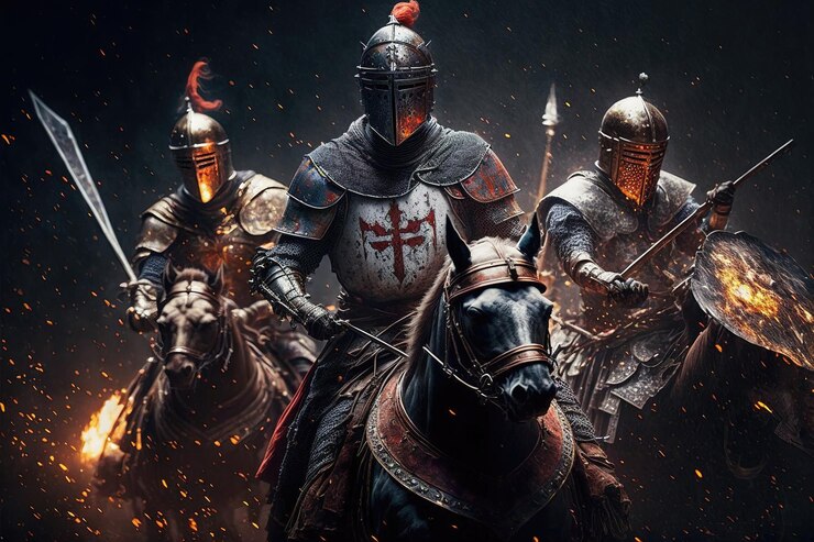 Kampf der Ritter in Rüstung auf dem Schlachtfeld der Kampf des Guten gegen das Böse Ritter Reiter galoppieren auf Pferden Funken und Flammen Porträts von Kriegern 3D-Rendering