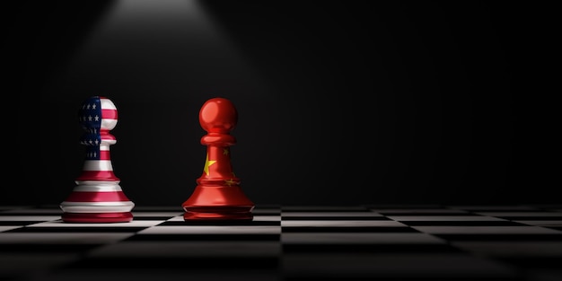 Kampf zwischen USA-Schach und China-Schach auf dem Schachbrett für Militär- und Handelskrieg Die Vereinigten Staaten von Amerika und China haben viele Wettbewerber, um die Führung durch 3D-Rendering zu übernehmen