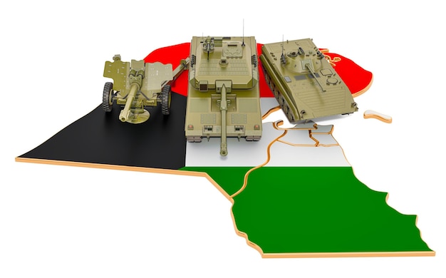 Kampffahrzeuge auf der Karte von Kuwait. 3D-Darstellung des Konzepts der militärischen Verteidigung Kuwaits