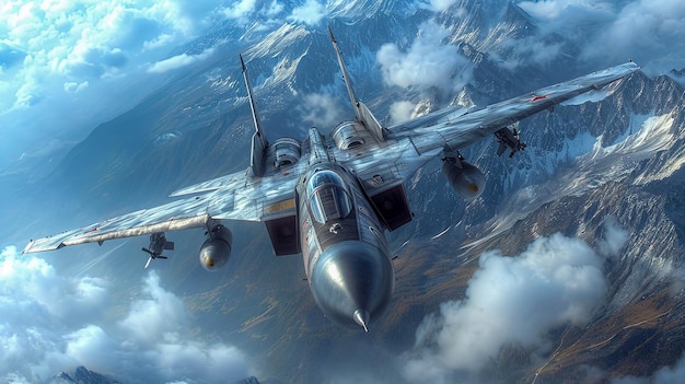 Kampfflugzeug in den Wolken Militärflugzeug fliegt am Himmel