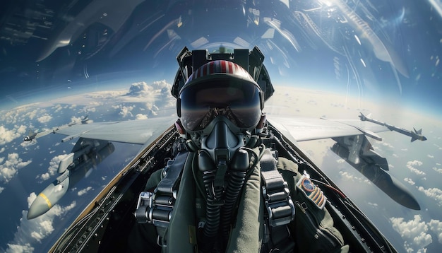 Foto kampfflugzeugpilot im cockpit mit geschwaderformation