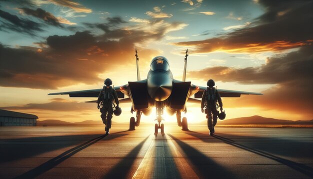 Kampfflugzeugpiloten gehen bei Sonnenuntergang auf dem Flugplatz spazieren