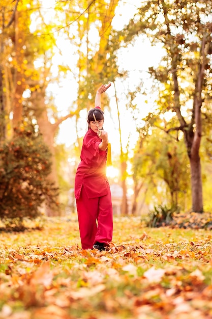 Kampfkünste mittellatinische Frau Wushu Kung Fu Schwert gesundes Wellness aktives Training Argentinier