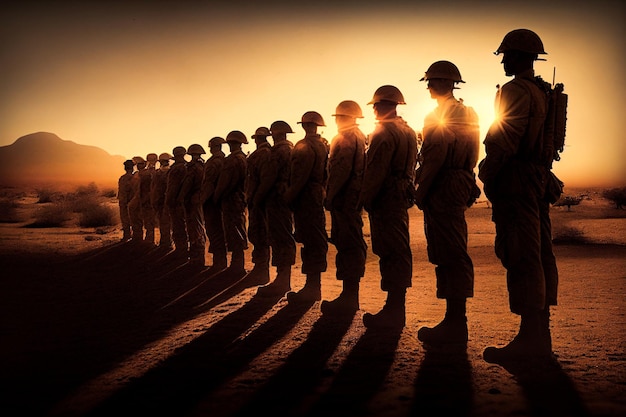 Kampfszene mit Spielzeugkriegern in der Nähe der amerikanischen Flagge in Rauch mit Sonnenuntergang im Hintergrund, Panoramaaufnahme. Generative KI in hoher Fotoqualität