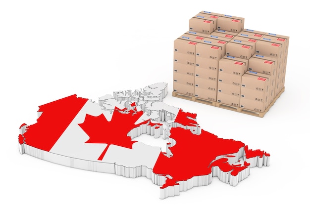 Kanada-Logistikkonzept. Kartons auf einer Holzpalette in der Nähe von Kanada Karte mit Flagge auf weißem Hintergrund. 3D-Rendering