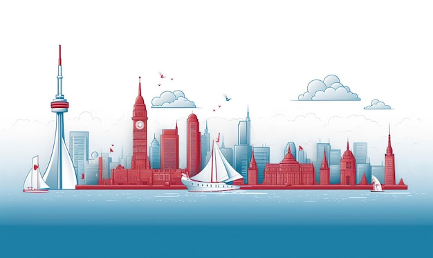 Kanada-Tagesbanner mit Flagge und Ballonhintergrund mit Skyline der Stadt Ai Generated