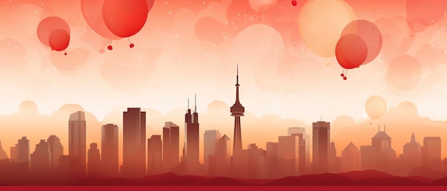 Kanada-Tagesbanner mit Flagge und Ballonhintergrund mit Skyline der Stadt Ai Generated