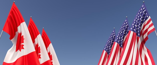 Kanada- und USA-Flagge an Fahnenmasten an den Seiten auf blauem Hintergrund Platz für Text Sechs Flaggen Ottawa-Ahorn Vereinigte Staaten von Amerika 3D-Darstellung