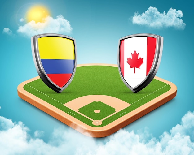 Kanada vs. Kolumbien vs. Bildschirmfeld Stadion Baseballstadion Himmel Wolken Sonne 3D-Illustration