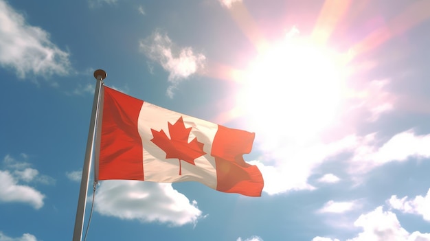 Kanadische Flagge weht mit strahlendem Sonnenlicht