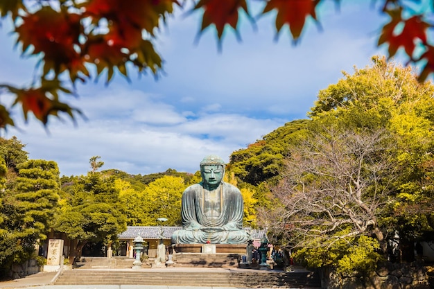 Foto kanagawa, japão 13 de novembro de 2023 pessoas em frente ao daibutsu ou grande buda de kamakura no templo kotokuin é um marco importante e um destino popular para turistas e peregrinos