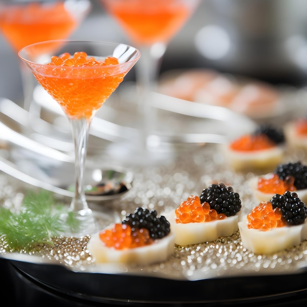 Kanapees mit rotem Kaviar und schwarzem Kaviar auf einem Serviertablett Nahaufnahme Gourmet-Essen Delikatesse Vorspeise Luxus Meeresfrüchte Textur von Kaviar Kaviarverkostung in einem schicken Restaurant Generative AI