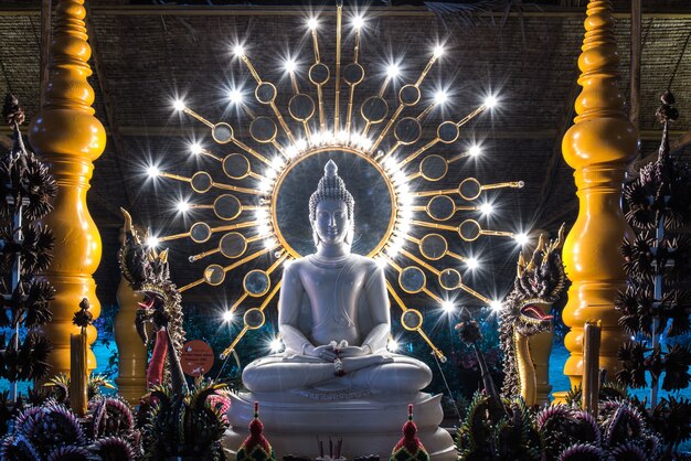 Kanchanaburi, tailândia - 15 de agosto de 2015: estátua de buda em cena noturna com naka sob cand elétrica