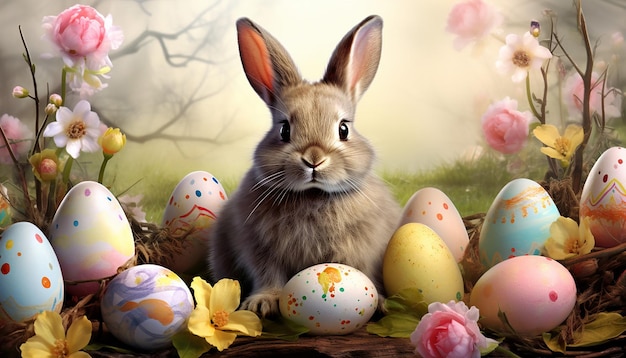 Foto kaninchen auf dem osterkreuz mit eiern und kaninchen