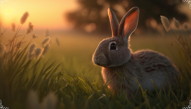 Kaninchen auf einer Wiese bei Sonnenuntergang