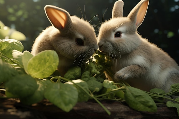 Kaninchen fressen grüne Blätter