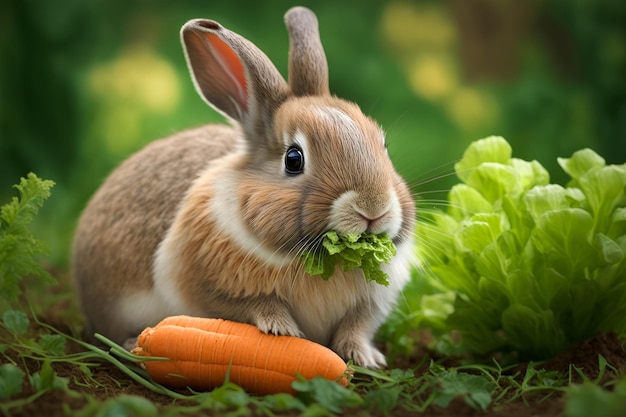 Kaninchen frisst Salat neben Karotten Generative KI