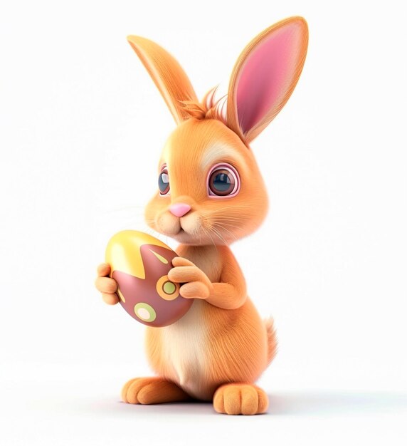 Kaninchen hält ein 3D-Schokolade-Ei auf weißem Hintergrund