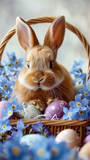 Kaninchen in einem Korb mit schönen blauen Blumen und Easter-Eiern