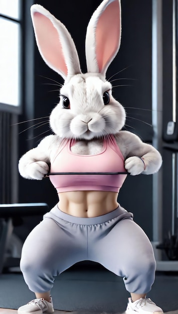 Kaninchen in Trainingsbekleidung im Fitnessstudio