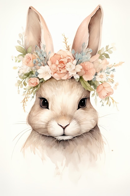 Kaninchen mit Blumen auf dem Kopf Ostern Aquarell-Illustration