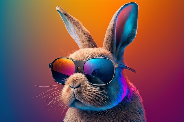 Kaninchen mit Brille in einer farbenfrohen Traumwelt 3D-Illustration