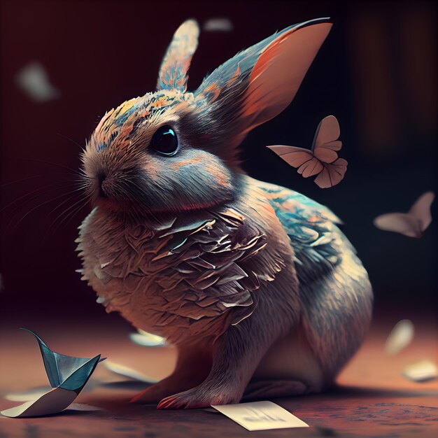 Kaninchen mit einem Schmetterling auf dem Hintergrund 3D-Rendering